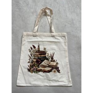 Dark Academia Vintage Book Canvas Tote Bag Cream Floral Literary Aesthetic